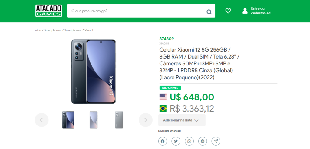 Celular Xiaomi 12 Dual Chip 128GB 5G Global no Paraguai 